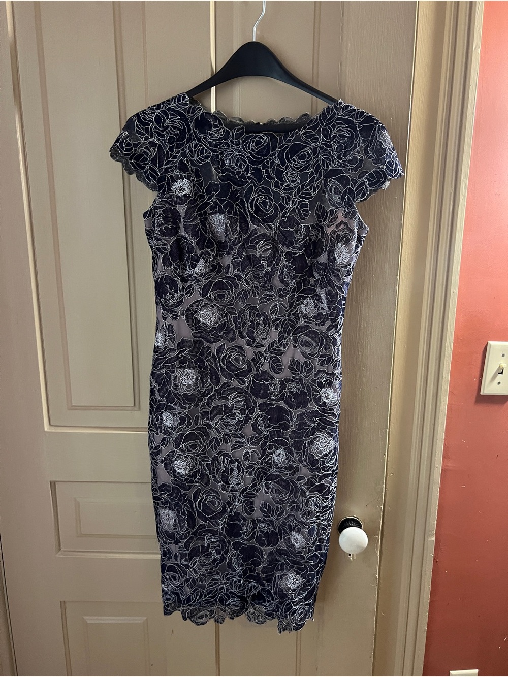 Tadashi Shoji Navy and White Floral Lace Sheath Dress